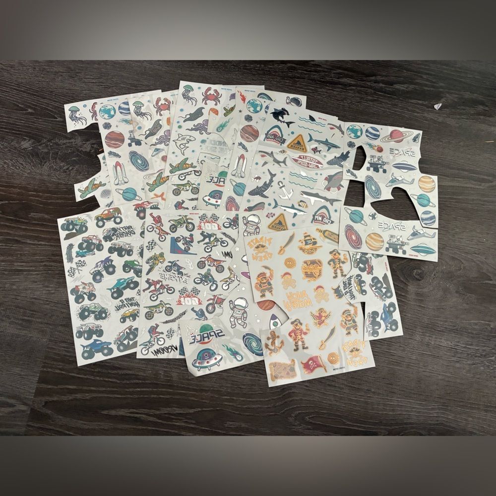 Assorted Temporary Tattoos Sharks Space Pirates Sea Creatures Moto Cross Trucks
